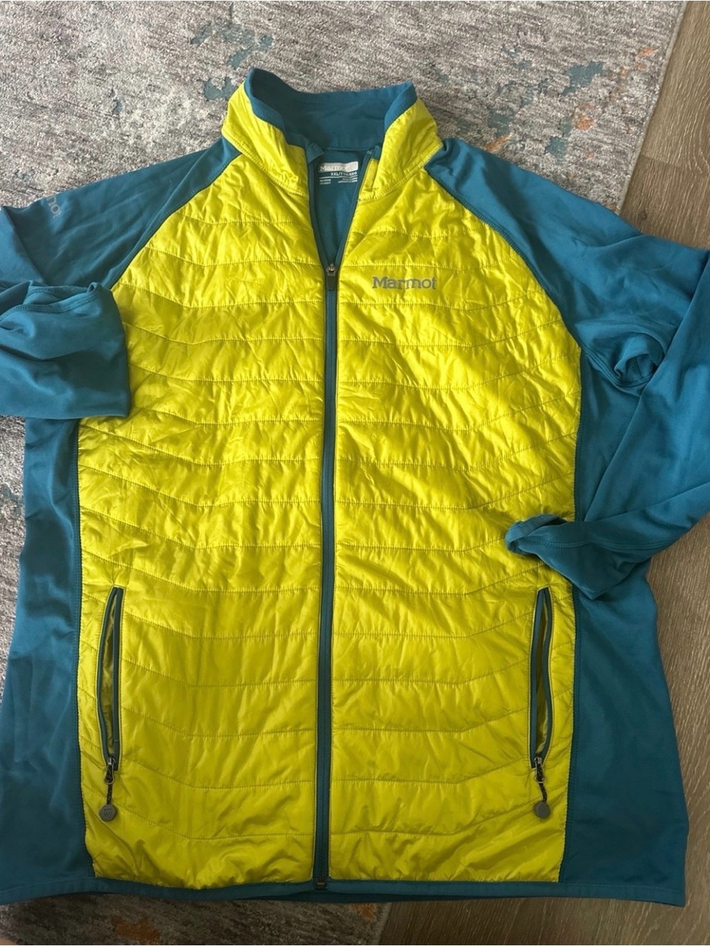 Marmot Yellow Front with Teal Sleeves Quilted Full-Zip Jacket
